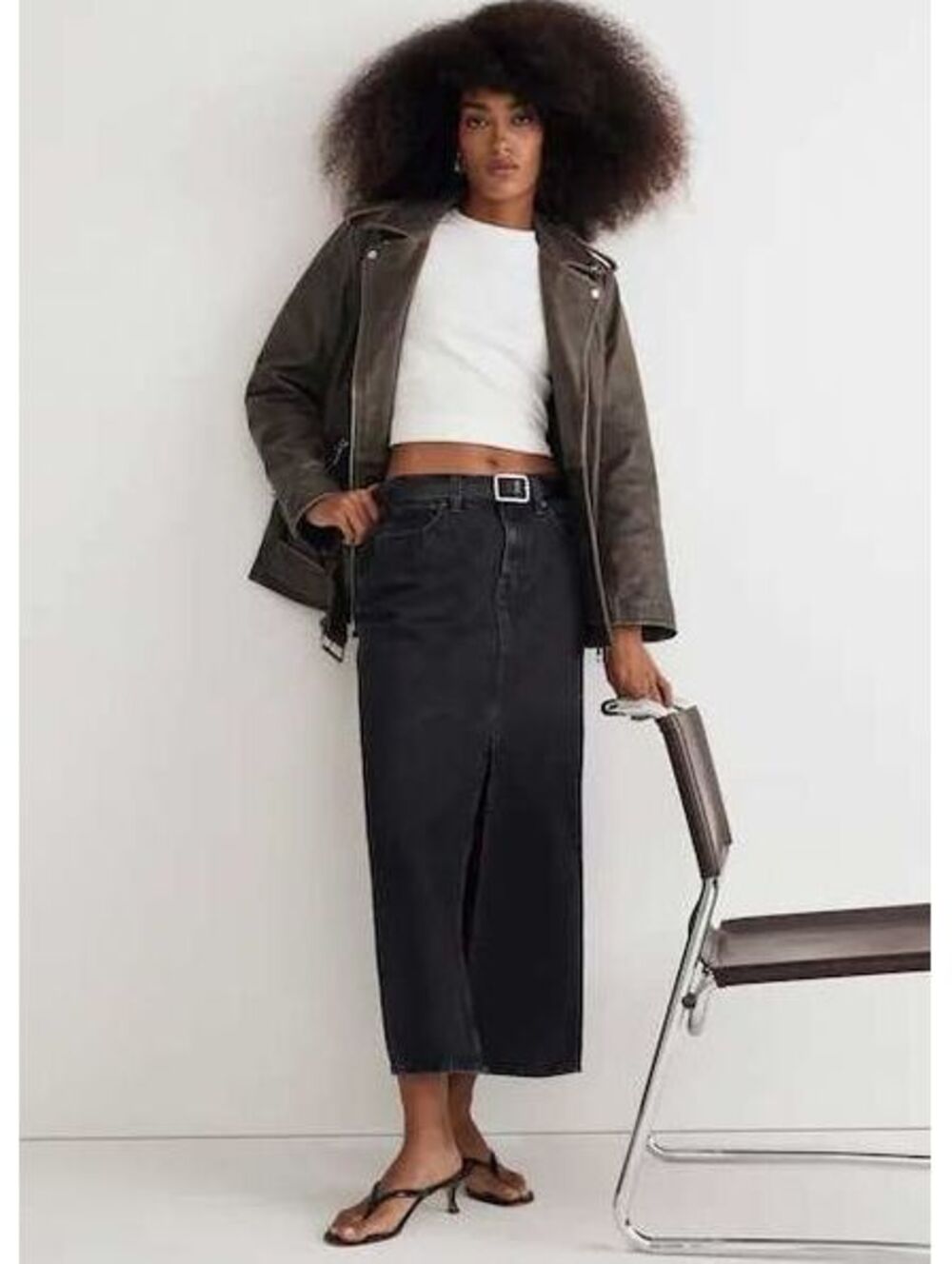 Madewell Black Denim Mid-Rise Maxi Skirt Front Split Lunar Wash Size 26